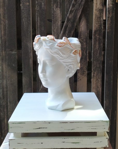 Antik Helen Kafası Beton El Yapımı Büst Saksı Beyaz boyalı (tacı altın)